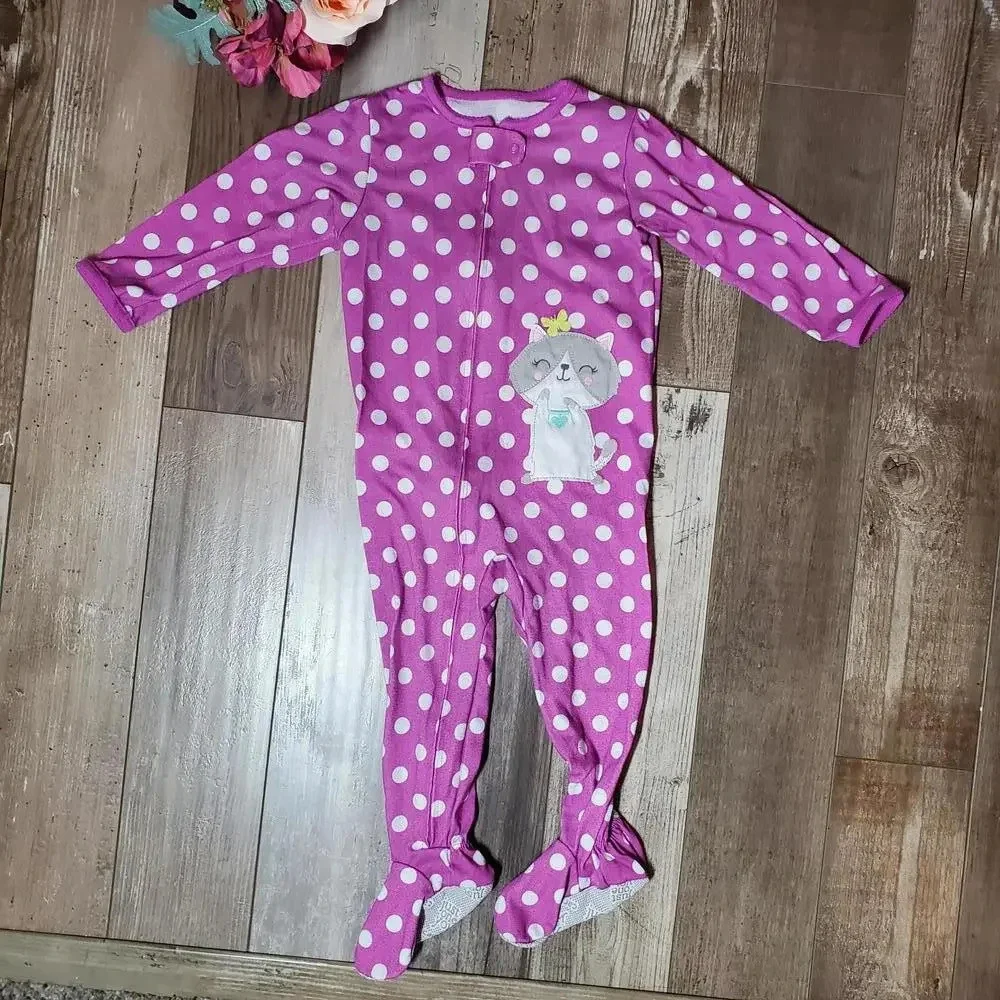 Carter's Toddler Girl Size 2T Purple Polka Dot Cat Footed Fleece Pajamas PJs EUC